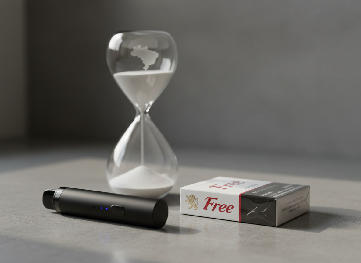A sleek, matte black vaping device and a closed pack of traditional cigarettes resting side by side on a smooth, neutral gray concrete surface, visually contrasting old and new forms of nicotine consumption. Behind them, a clear glass hourglass filled with fine white sand sits slightly out of focus, symbolizing the future of nicotine use in Brazil. Soft, diffused daylight from a large unseen window washes across the scene, creating gentle reflections on metal surfaces and subtle, elongated shadows. Shot at eye level with a shallow depth of field, emphasizing the devices while keeping the background softly blurred. The mood is professional, analytical, and contemplative, with clean photographic realism and a minimalist, editorial aesthetic suitable for a serious policy and harm reduction blog.
